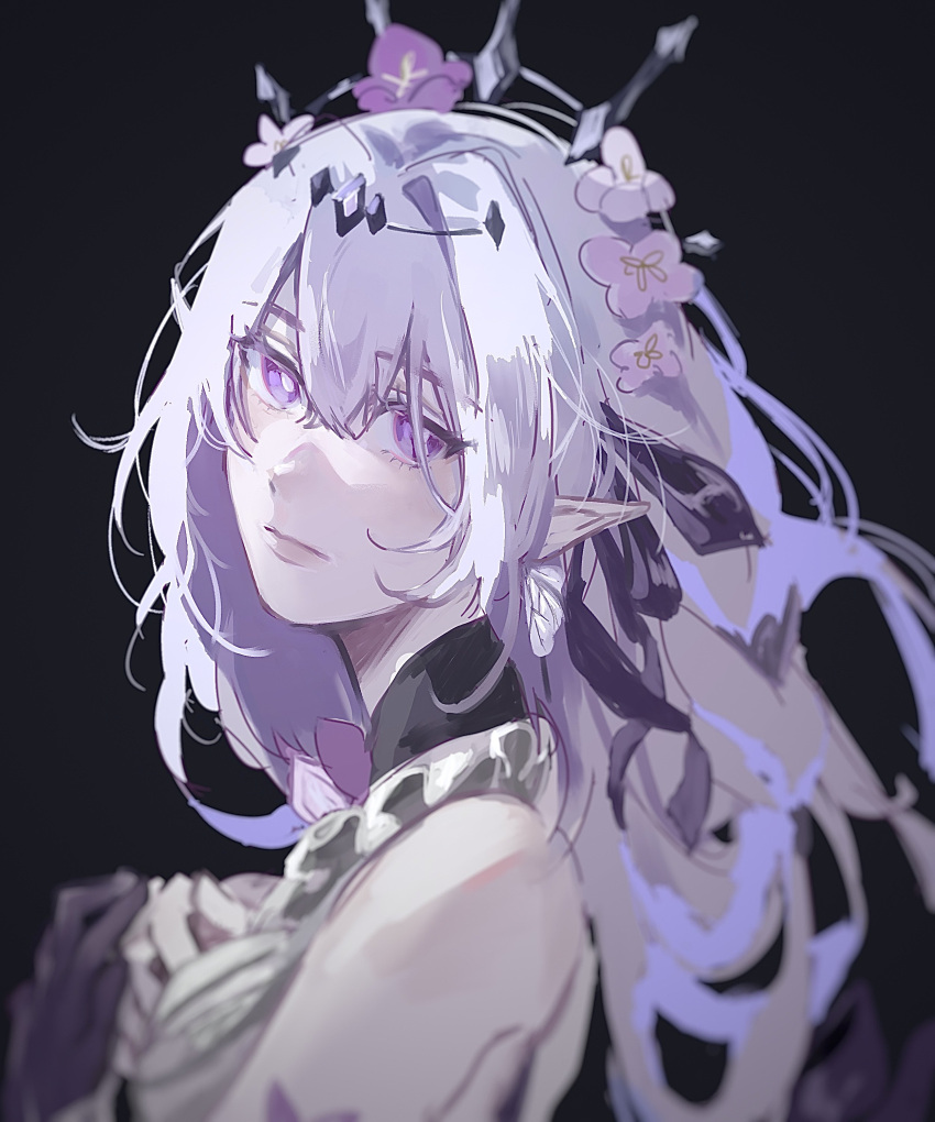 1girl, absurdres, bare_shoulders, black_background, bright_pupils, butterfly_earrings, castorice_(honkai:_star_rail), commentary