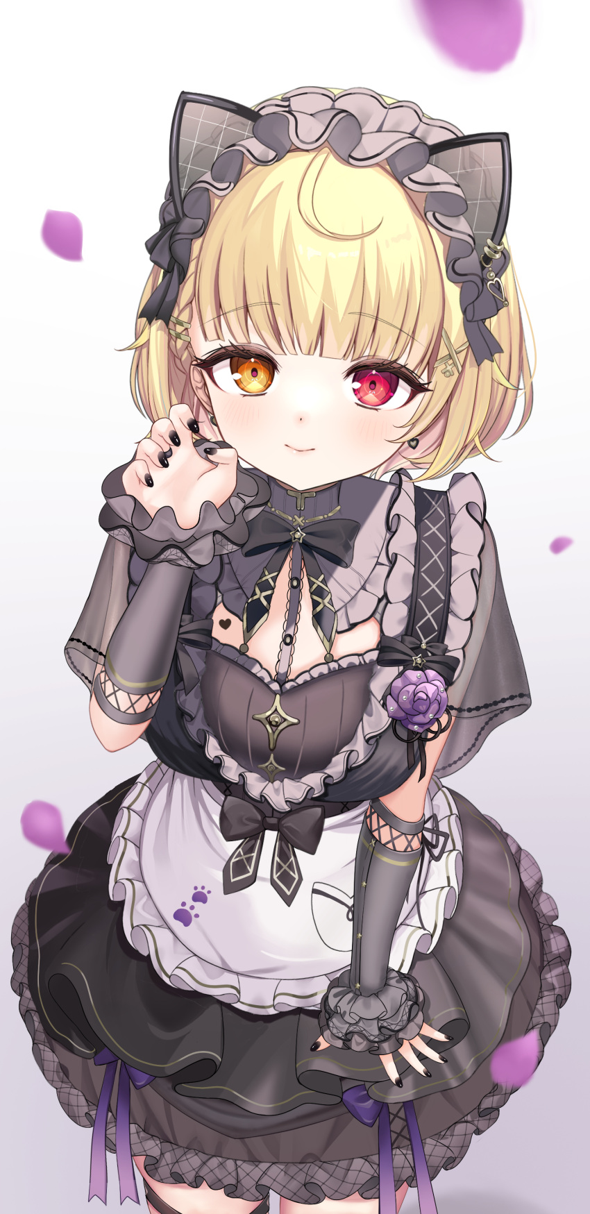 1girl, absurdres, apron, black_bow, black_bowtie, black_dress, black_nails, blonde_hair, bow, bowtie, breasts, closed_mouth, commentary, dress, fingernails, flower, frilled_apron, frilled_dress, frills, gothic_lolita, hand_up, heterochromia, highres, hoshikawa_sara, hoshikawa_sara_(9th_costume), light_blush, lolita_fashion, nail_polish, nijisanji, official_alternate_costume, oguraponti, purple_flower, red_eyes, short_hair, simple_background, smile, solo, waist_apron, white_apron, white_background, yellow_eyes