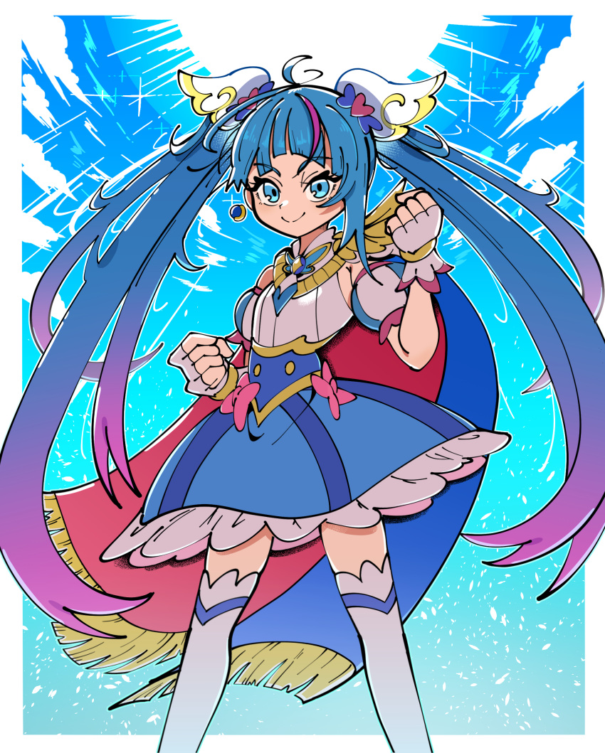 1girl, absurdres, blue_cape, blue_dress, blue_eyes, blue_hair, blue_sky, bow