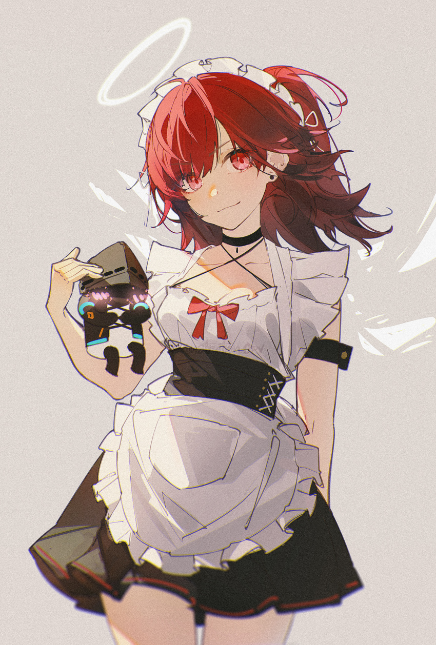 1girl, apron, arknights, black_choker, breasts, choker, doctor_(arknights), dress, exusiai_(arknights), frilled_apron, frilled_dress, frills, halo, highres, long_hair, looking_at_viewer, maid, maid_headdress, openvl, ponytail, red_eyes, red_hair, small_breasts, thigh_gap