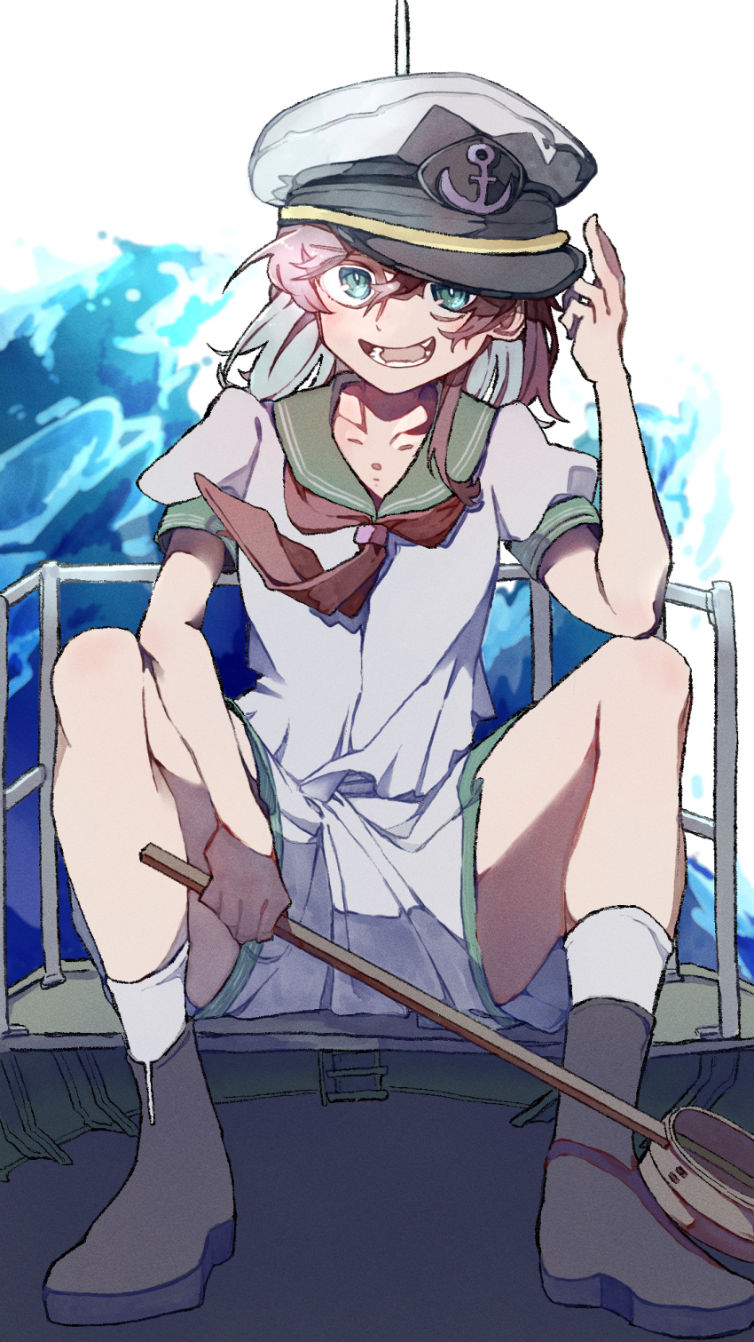 1girl, anchor_symbol, black_hair, black_shoes, blue_eyes, collared_shirt, hat, highres