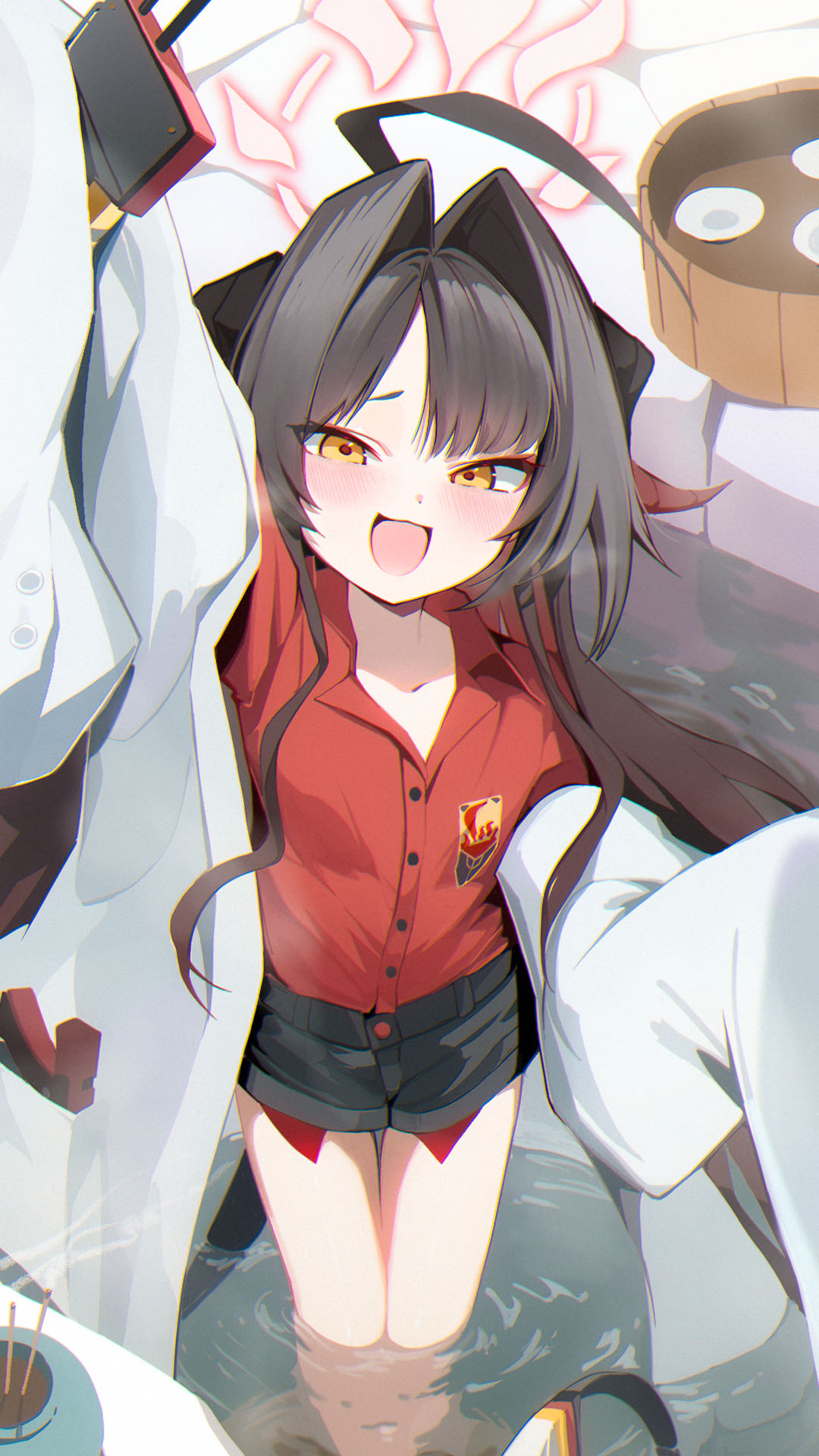 1girl, ahoge, black_hair, black_horns, black_shorts, black_tail, blue_archive, coat, coat_partially_removed, demon_horns, demon_tail, halo, highres, horns, kasumi_(blue_archive), lab_coat, long_tail, open_mouth, red_halo, red_shirt, shirt, shirt_tucked_in, shorts, sleeves_past_fingers, sleeves_past_wrists, tail, walkie-talkie, white_coat, wo_chi_xiangjiao_pi, yellow_eyes