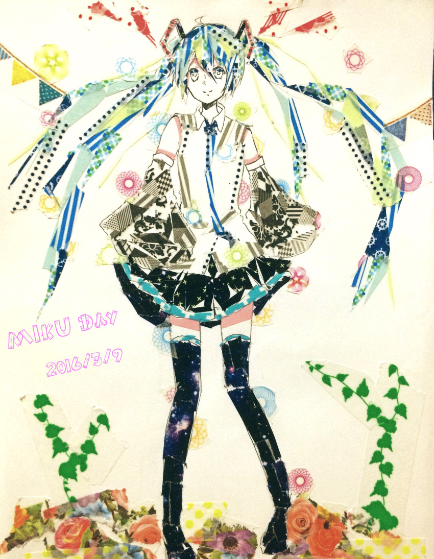 1girl, 2016, abstract, absurdres, aqua_hair, asagi_kino, black_boots, black_skirt