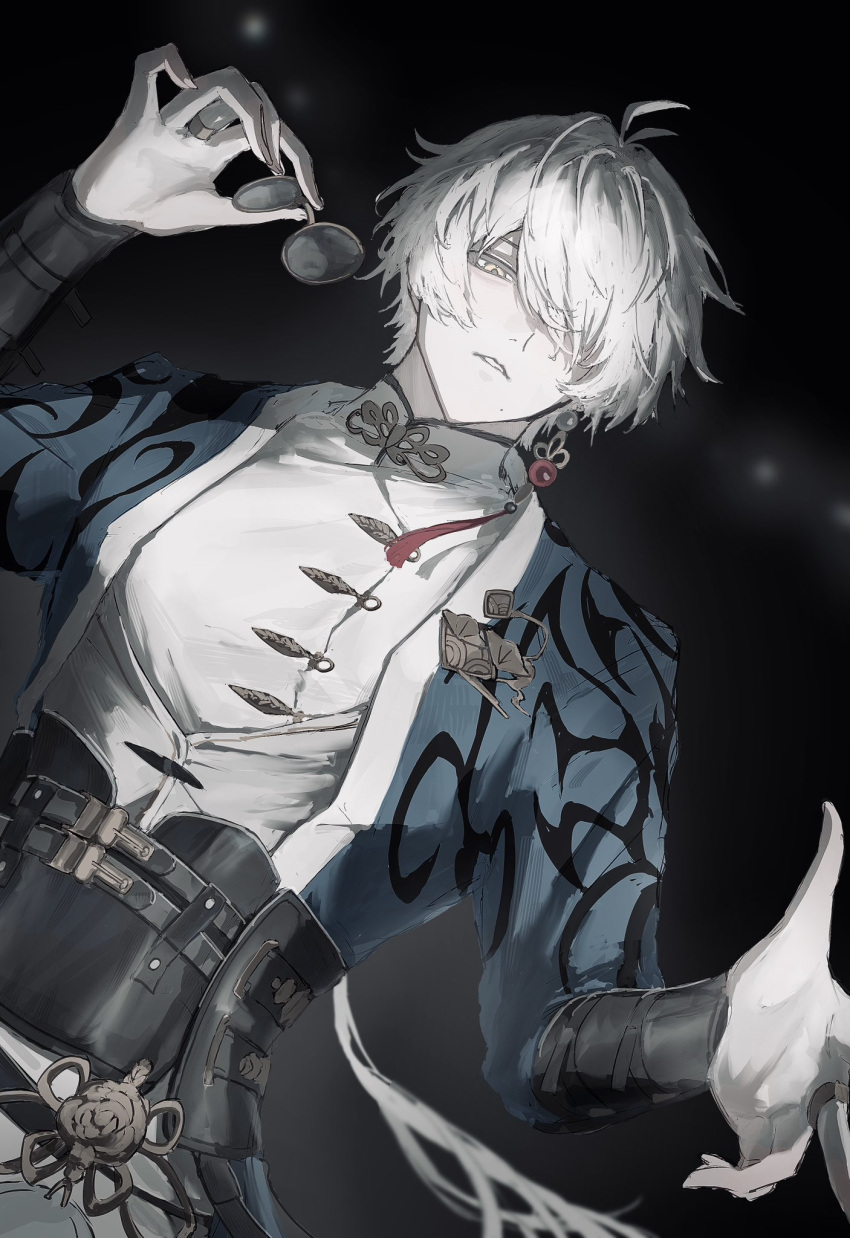 1boy, antenna_hair, black_corset, blue_coat, buttons, coat, collar, collared_shirt