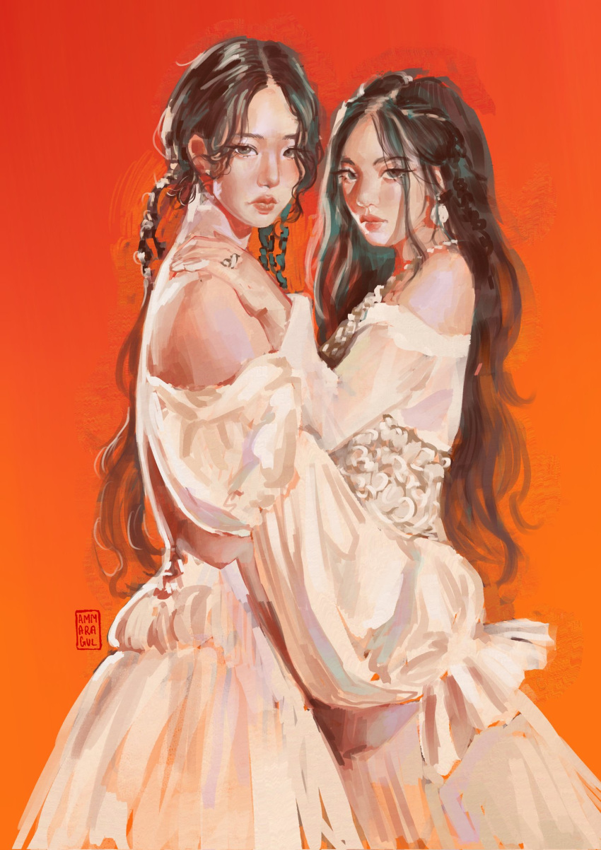 2girls, black_eyeliner, braid, brown_hair, closed_mouth, commentary, dress, earrings