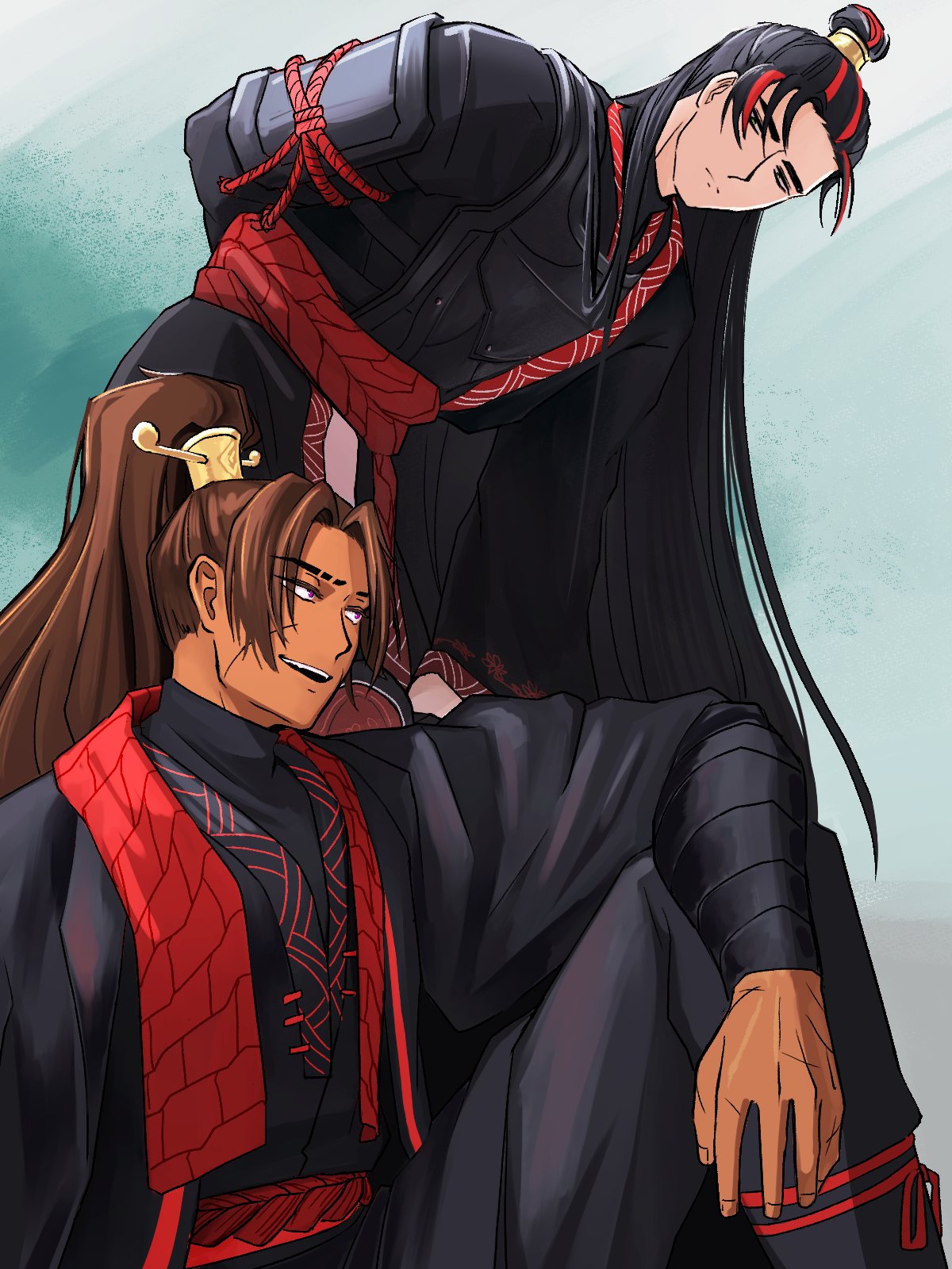 2boys, arachnidlegs, arm_on_knee, arms_behind_back, black_hair, brown_hair, curtained_hair, family_hierarch_candidate_(identity)_(project_moon)