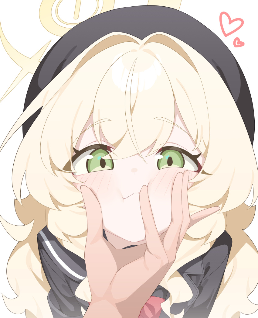 1girl, 1other, absurdres, black_hat, blonde_hair, blue_archive, blush, cheek_squash, closed_mouth, commentary_request, green_eyes, hair_between_eyes, halo, hat, heart, highres, honi_(honi1010), korean_commentary, long_hair, long_sleeves, looking_at_viewer, out_of_frame, professor_niyaniya_(blue_archive), simple_background, solo, upper_body, very_long_hair, white_background, yellow_halo
