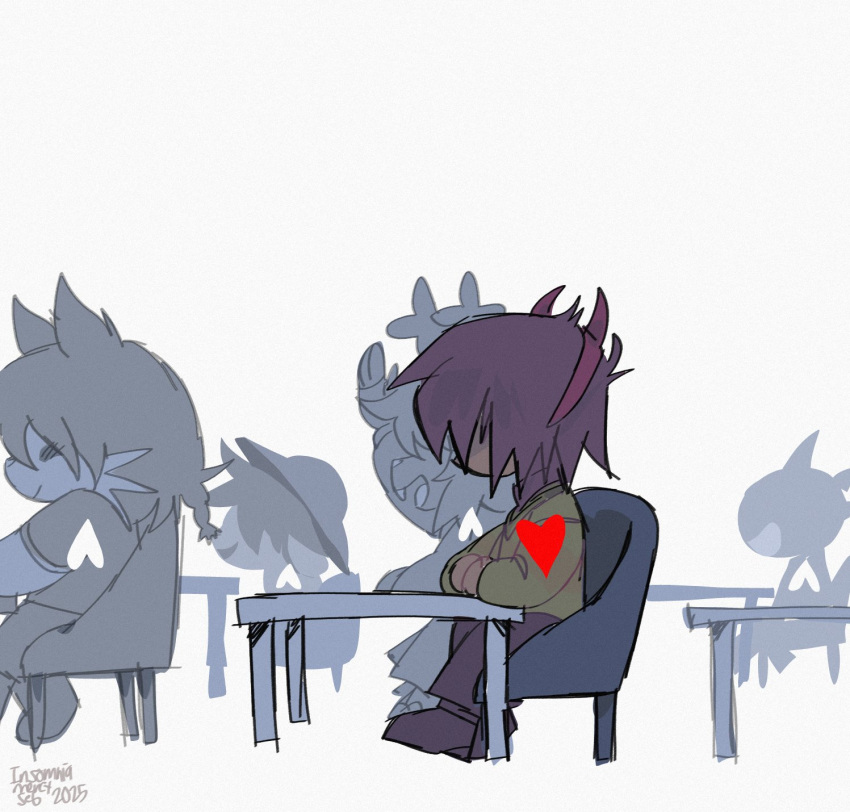1girl, 2025, 4others, brown_hair, classroom, commentary, deltarune, desk