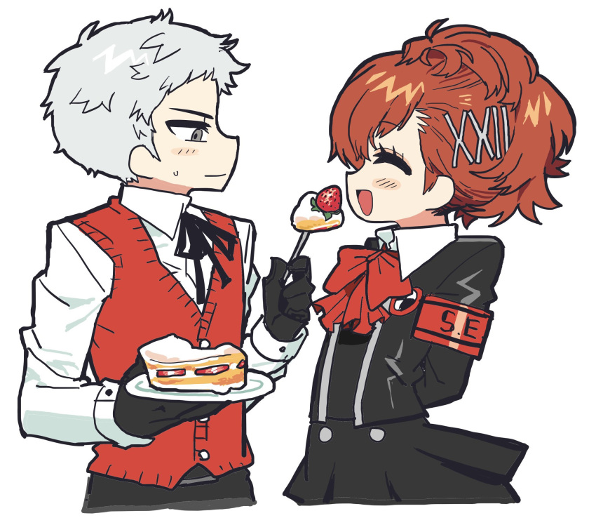 1boy, 1girl, cake, cake_slice, feeding, food, fork, gekkoukan_high_school_uniform