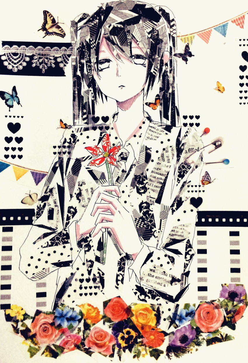1girl, abstract, alternate_costume, alternate_hair_color, asagi_kino, black_hair, black_necktie, bug