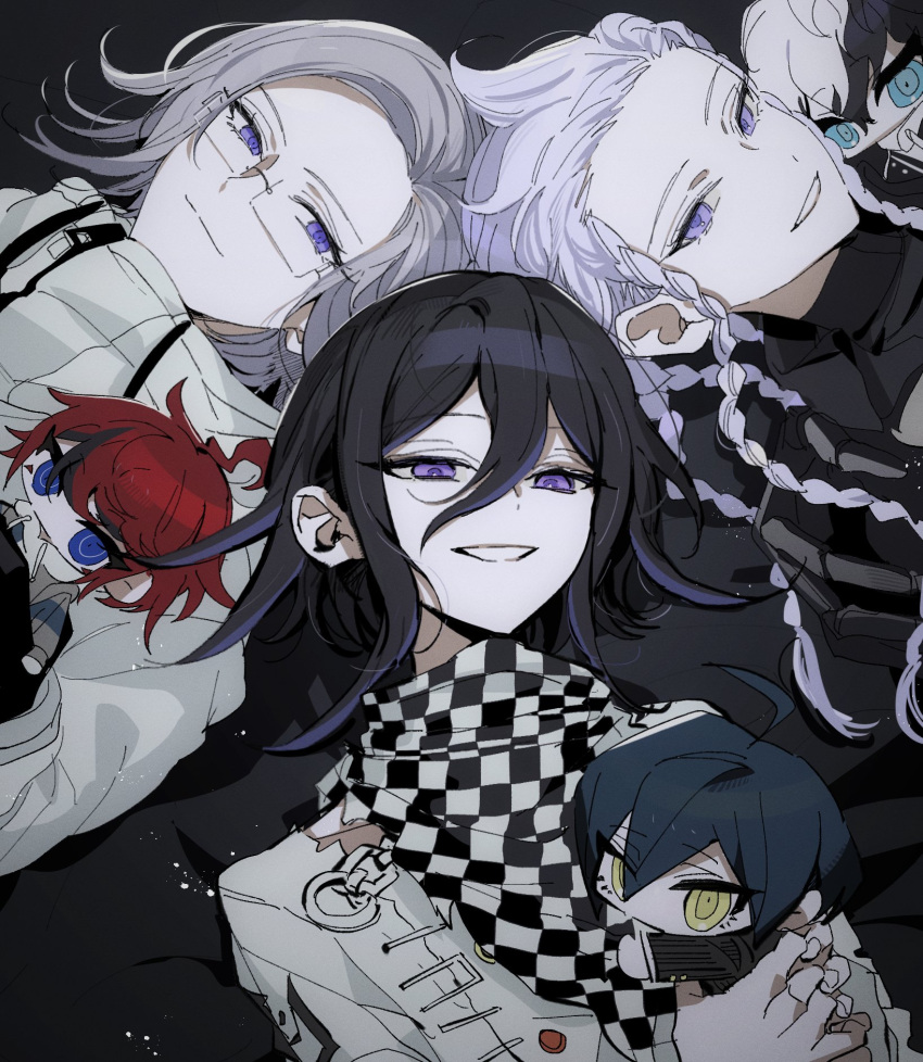6+boys, ahoge, aotsuki_eito, black_gloves, black_hair, black_streaks, blue_eyes, braid