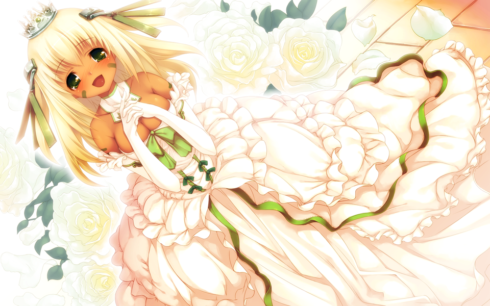 :d, blonde_hair, blush, breasts, christo_pu, cleavage, crown, dark_skin
