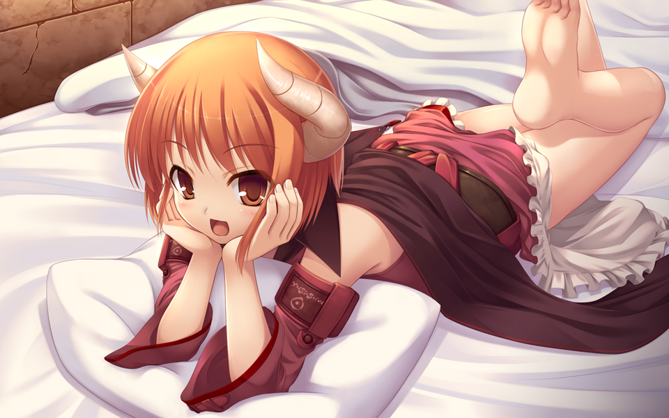 :d, barefoot, bed, brown_eyes, brown_hair, chin_rest, christo_wu, demon_girl