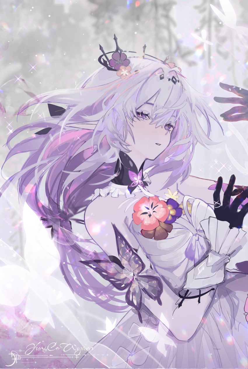 1girl, bare_shoulders, black_gloves, blurry, blurry_background, bright_pupils, bug, butterfly, castorice_(honkai:_star_rail), collar, detached_collar, dress, english_commentary, expressionless, floating_hair, flower, flower_wreath, frilled_collar, frilled_sleeves, frills, gloves, glowing, hair_between_eyes, hair_flower, hair_intakes, hair_ornament, hands_up, head_wreath, highres, honkai:_star_rail, honkai_(series), long_hair, looking_to_the_side, low_twintails, pointy_ears, purple_hair, raised_eyebrows, slit_pupils, snow, solo, sparkle, twintails, upper_body, violet_eyes, white_dress, white_pupils, wrist_cuffs, yumicowyvern