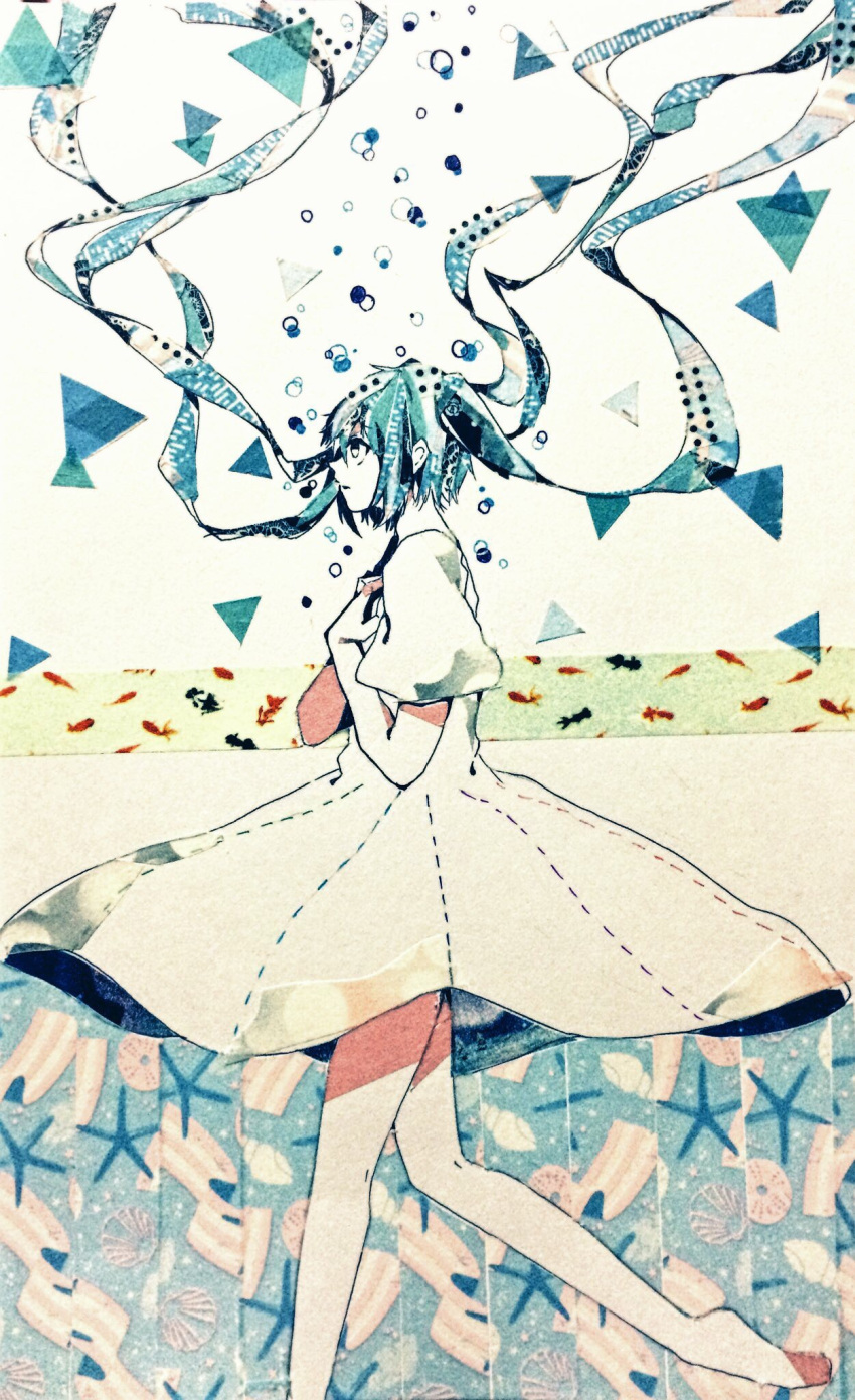 1girl, aqua_eyes, aqua_hair, asagi_kino, barefoot, bubble, commentary_request, dive!!_(summergratz)_(vocaloid)