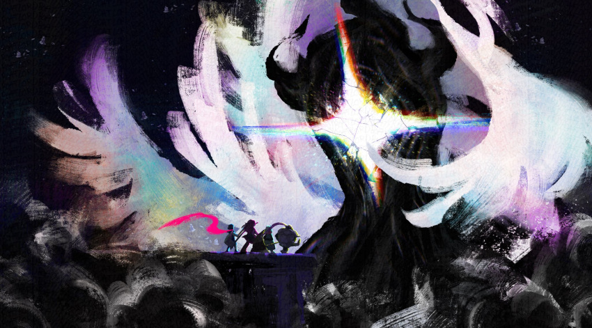 1girl, 2boys, 2others, axe, commentary, darkness, deltarune, eldritch_abomination