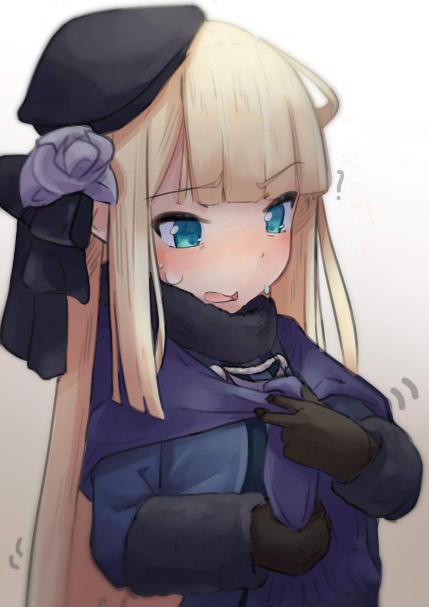 1girl, ?, absurdres, aqua_eyes, beret, black_hat, blonde_hair, blue_dress