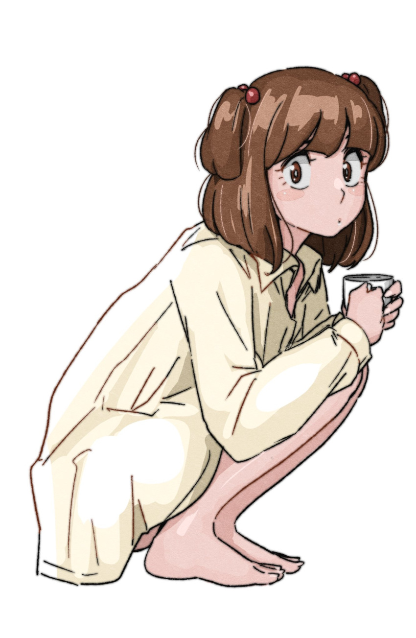 bare_legs, barefoot, blush, brown_eyes, brown_hair, coffee_mug, collared_shirt, cup