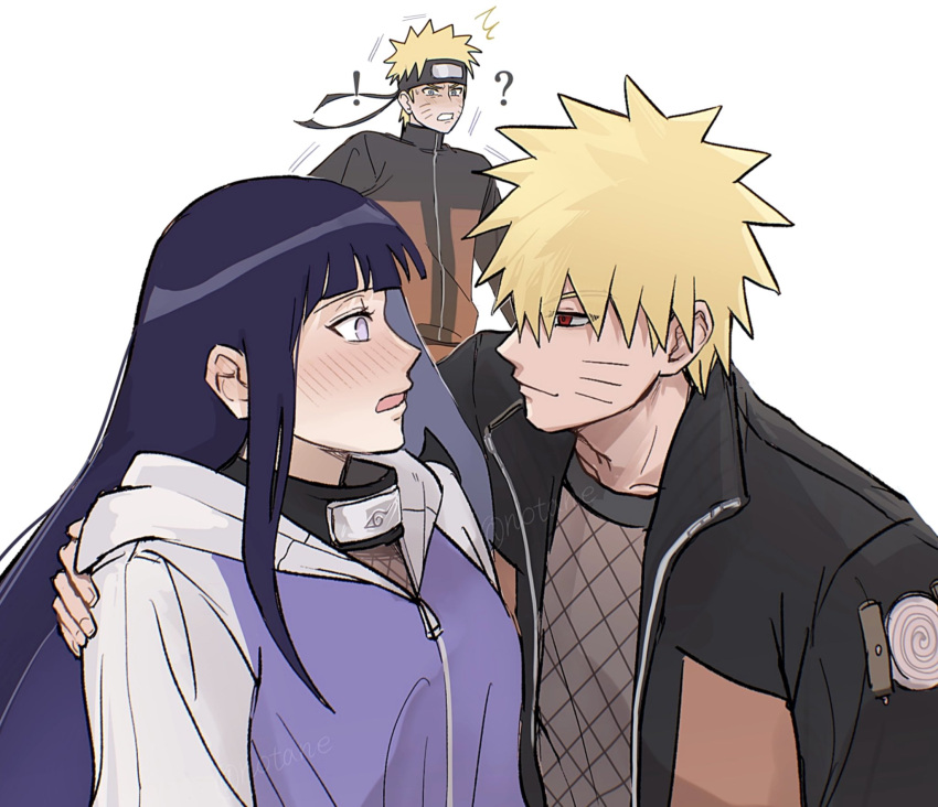 !, 1girl, 2boys, ?, arm_around_shoulder, blonde_hair, blush, closed_mouth