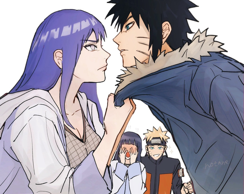 !?, 2boys, 2girls, artist_name, black_hair, blonde_hair, blue_eyes, blush
