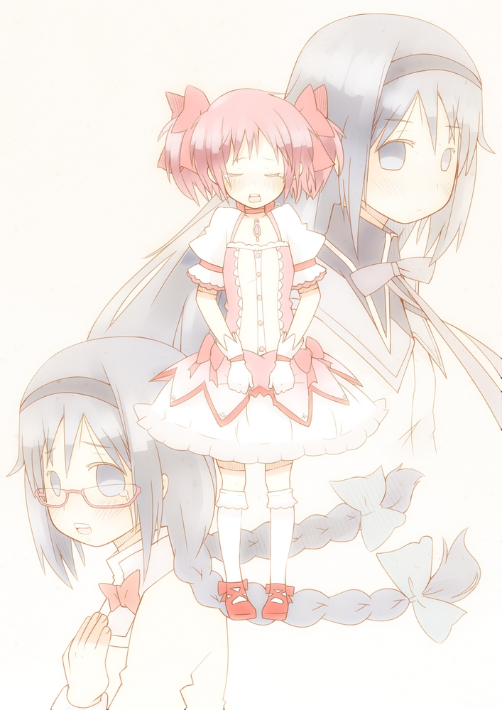 akemi_homura, black_hair, blush, bow, closed_eyes, dual_persona, eyes_closed, glasses