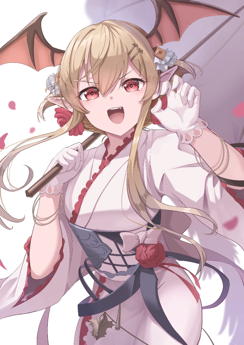 1girl, blonde_hair, fang, gloves, granblue_fantasy, head_wings, holding, holding_umbrella