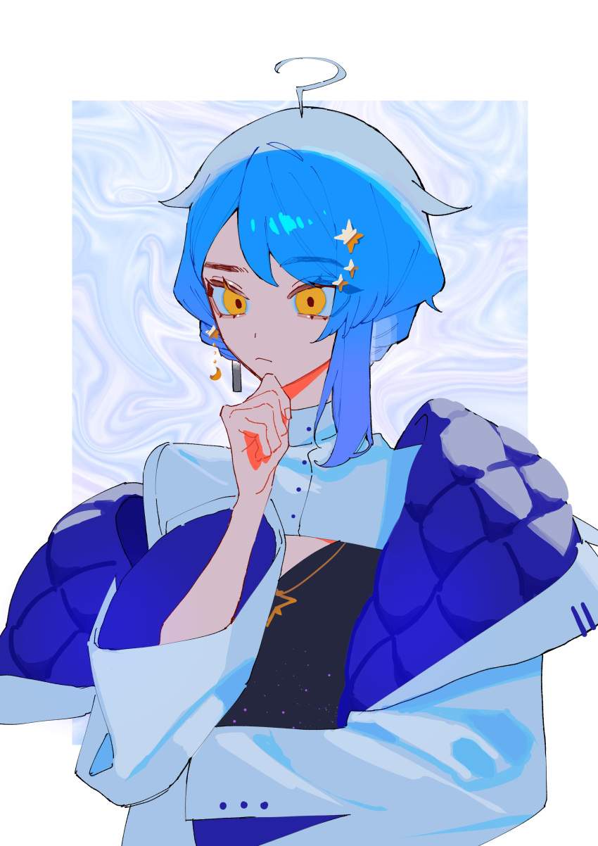 1girl, absurdres, ahoge, artist_name, blue_hair, border, commission, expressionless