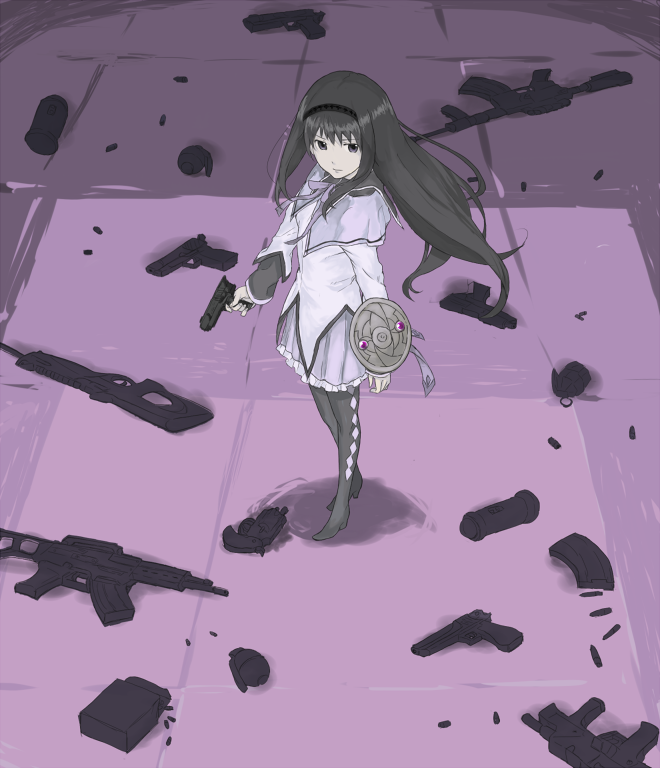 ak-47, akemi_homura, assault_rifle, bad_id, beretta_cx4, black_hair, black_legwear, black_pantyhose, explosive, grenade, gun, hairband, handgun, long_hair, magical_girl, mahou_shoujo_madoka_magica, pantyhose, pipe_bomb, pipebomb, pistol, purple_eyes, revolver, rifle, shield, solo, submachine_gun, urabe_(pixiv41789), violet_eyes, weapon