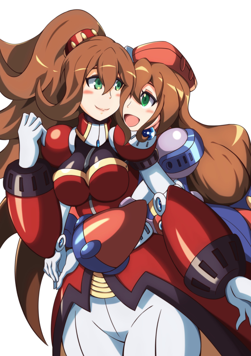 2girls, android, armor, beret, blush, breasts, brown_hair, dress
