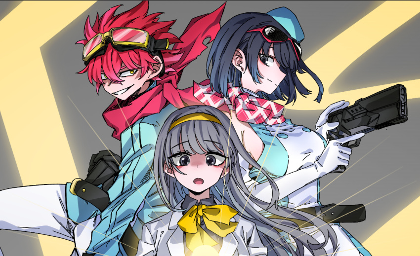 1boy, 2girls, bandana, bandana_around_neck, bare_shoulders, black_eyes, black_hair, breasts