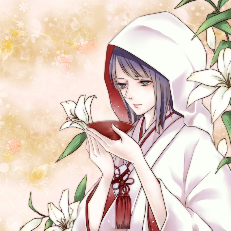 1girl, blue_eyes, closed_mouth, cup, flower, holding, holding_cup, japanese_clothes, kimono, lily_(flower), medium_hair, nico_robin, one_piece, pink_lips, shiromuku, solo, uchikake, upper_body, white_kimono, wide_sleeves, yuri_kohi