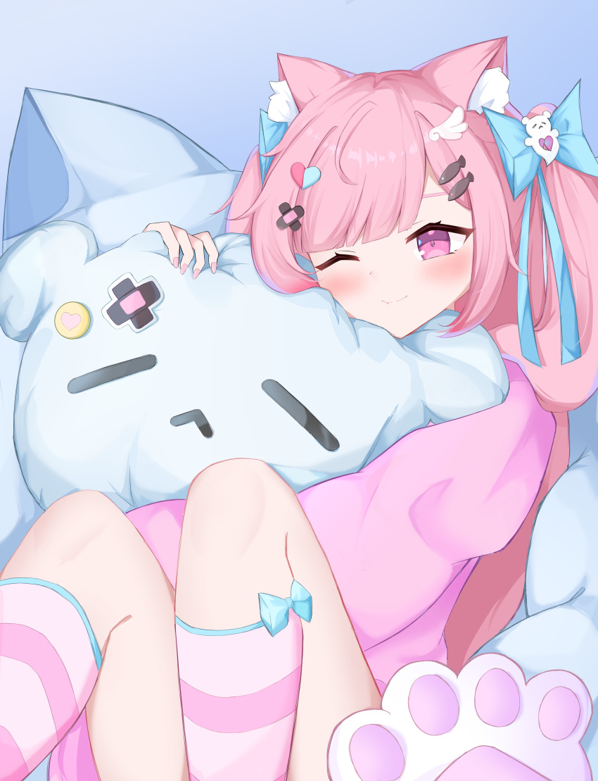 1girl, absurdres, animal_ear_fluff, animal_ears, bandaid, bandaid_hair_ornament, blue_background, blue_bow