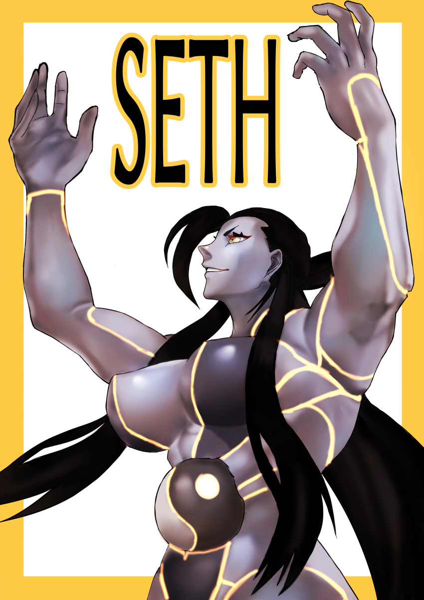 1girl, absurdres, black_hair, breasts, character_name, colored_skin, female_seth_(street_fighter), fukamichi_ran'ou