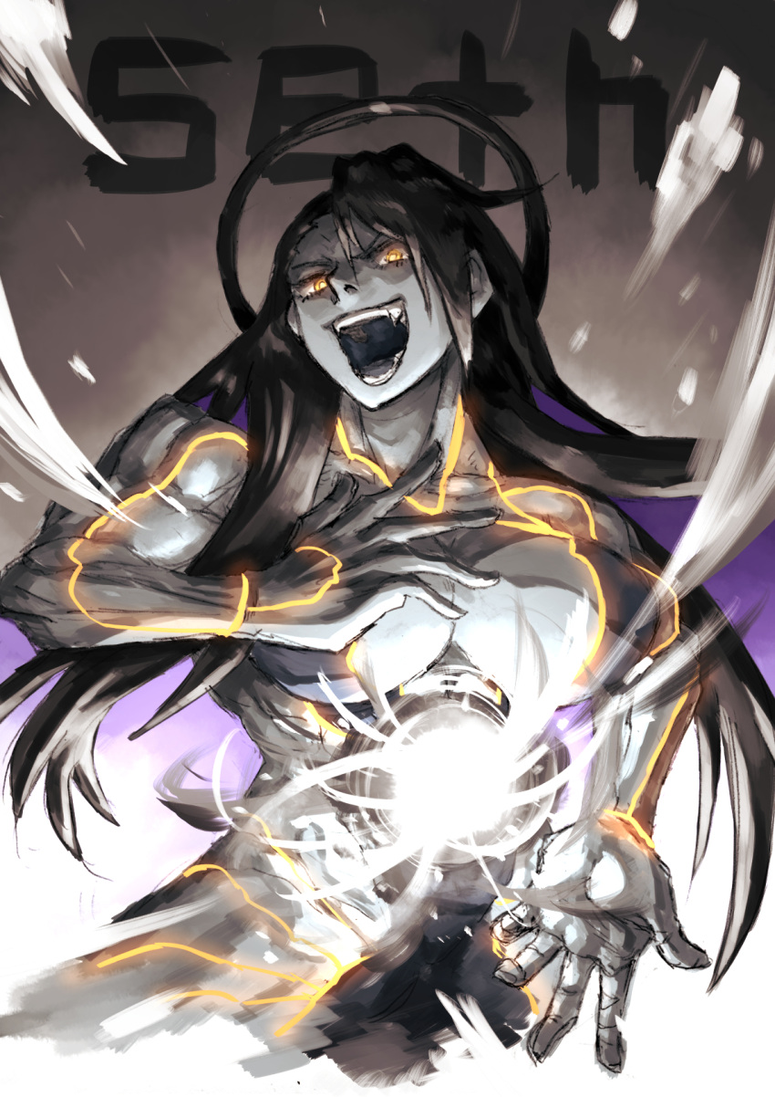 1girl, black_hair, breasts, character_name, colored_skin, female_seth_(street_fighter), fukamichi_ran'ou, grey_skin