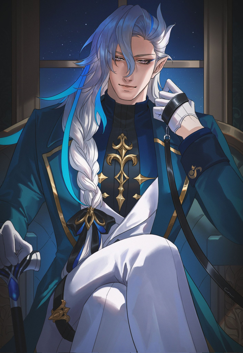1boy, black_leash, black_ribbon, black_shirt, blue_coat, blue_eyeliner, blue_hair, braid