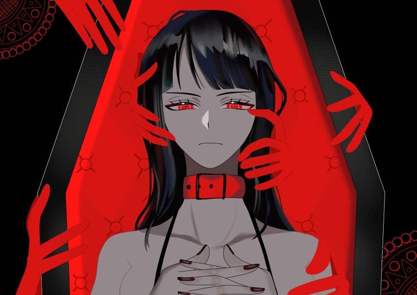 1girl, absurdres, black_hair, blunt_bangs, choker, closed_mouth, coffin, commentary_request, eye_(vocaloid), eyelashes, highres, interlocked_fingers, long_hair, looking_at_viewer, lying, nico_robin, one_piece, red_eyes, user_jumm8572