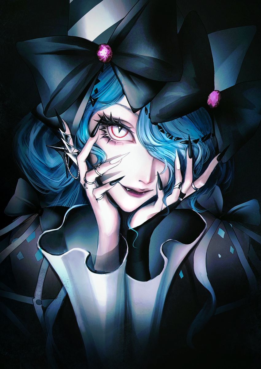 1girl, absurdres, aqua_scales, black_background, black_bow, black_hat, black_nails, blue_hair