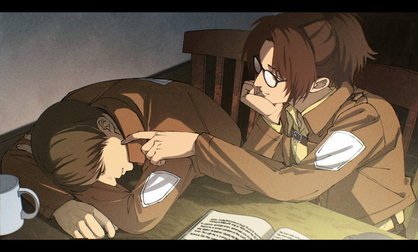 1boy, 1girl, 35ohama_yu, black_border, border, brown_hair, brown_jacket, closed_mouth