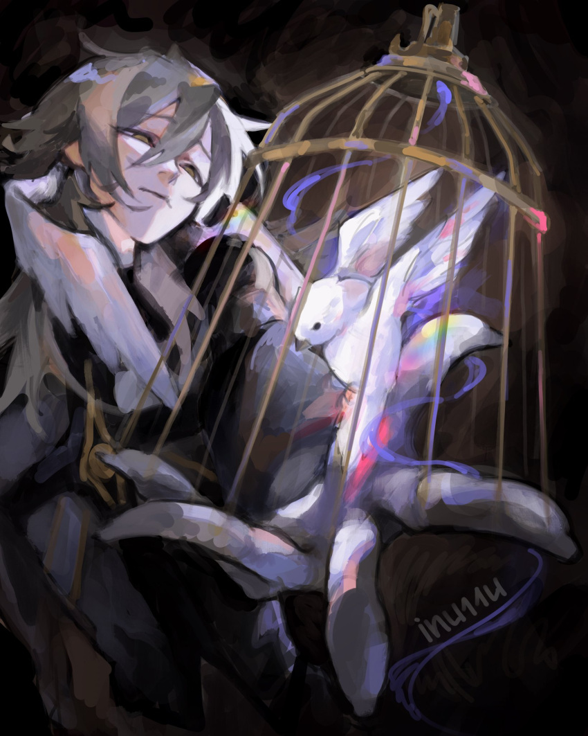 1boy, angel_wings, beckoning, bird, birdcage, blank_stare, cage, commentary