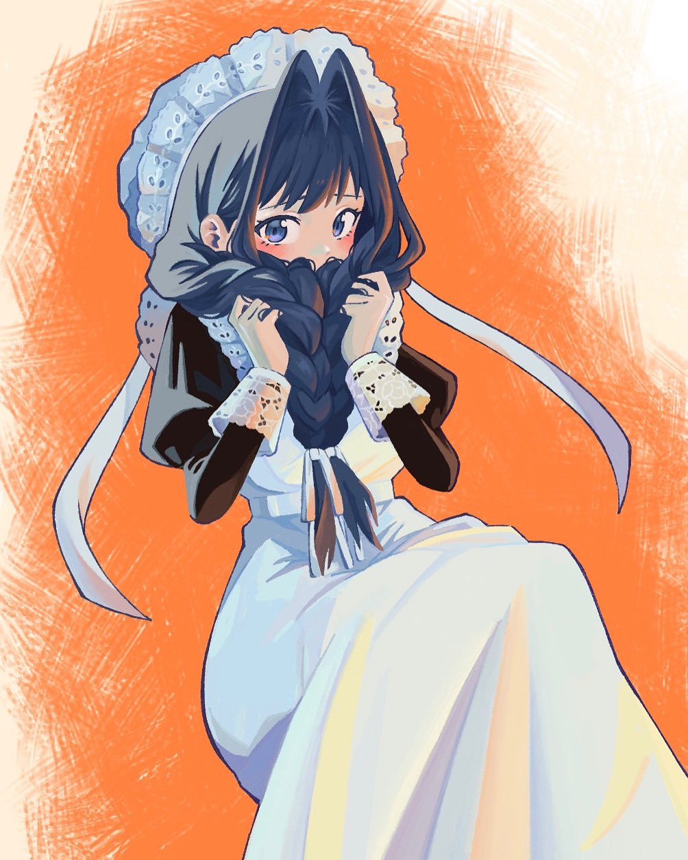 1girl, black_hair, blue_eyes, braid, cowboy_shot, dress, english_commentary, highres, hololive, hololive_english, invisible_chair, long_hair, maid, maid_day, maid_headdress, orange_background, ouro_kronii, rachel_(rakkuaa), simple_background, sitting, solo, twin_braids, virtual_youtuber