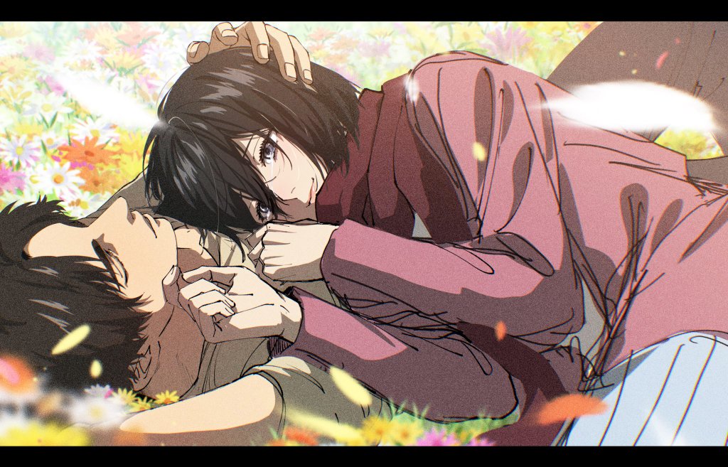 1boy, 1girl, 35ohama_yu, black_border, black_hair, border, brown_hair, closed_eyes, closed_mouth, crying, crying_with_eyes_open, eren_yeager, field, flower, flower_field, jacket, lying, mikasa_ackerman, pink_jacket, red_scarf, scarf, shingeki_no_kyojin, skirt, smile, tears, white_skirt