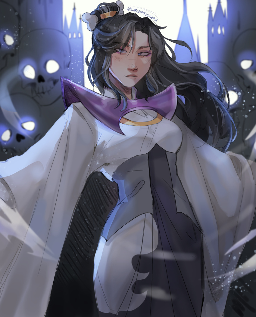 black_hair, blue_eyes, female, lady_bone_demon, monkie_kid, solo, solo_female, white_dress