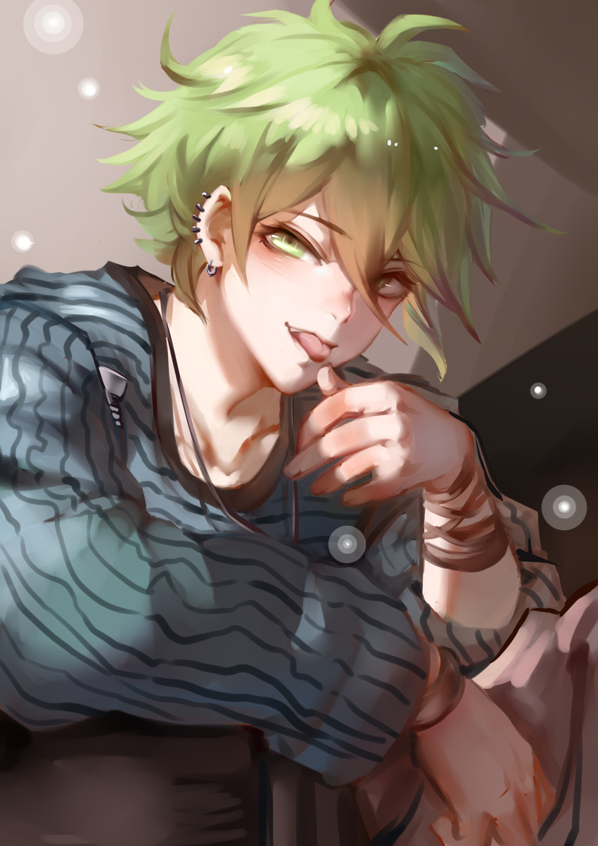 1boy, absurdres, amami_rantaro, blue_shirt, bracelet, brown_background, brown_pants, collarbone