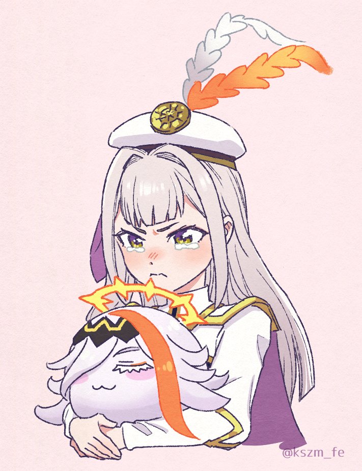 1girl, baldr_(fire_emblem_heroes), blonde_hair, character_doll, closed_mouth, crying, crying_with_eyes_open, doll, fire_emblem, fire_emblem_heroes, hat, hat_feather, kszm_fe, long_hair, solo, tears, vali_(fire_emblem), yellow_eyes