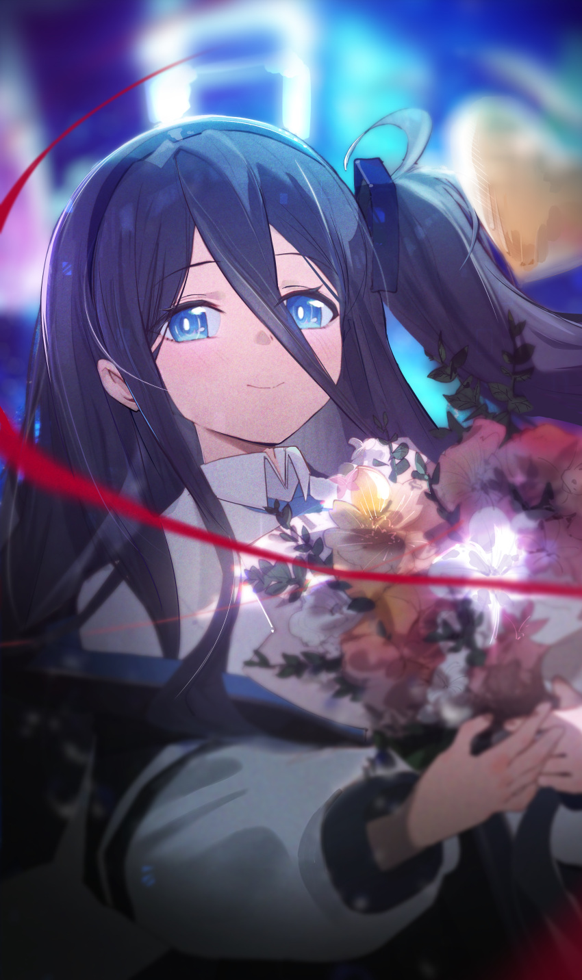 1girl, absurdres, aris_(blue_archive), black_hair, blue_archive, blue_eyes, blue_necktie, blurry