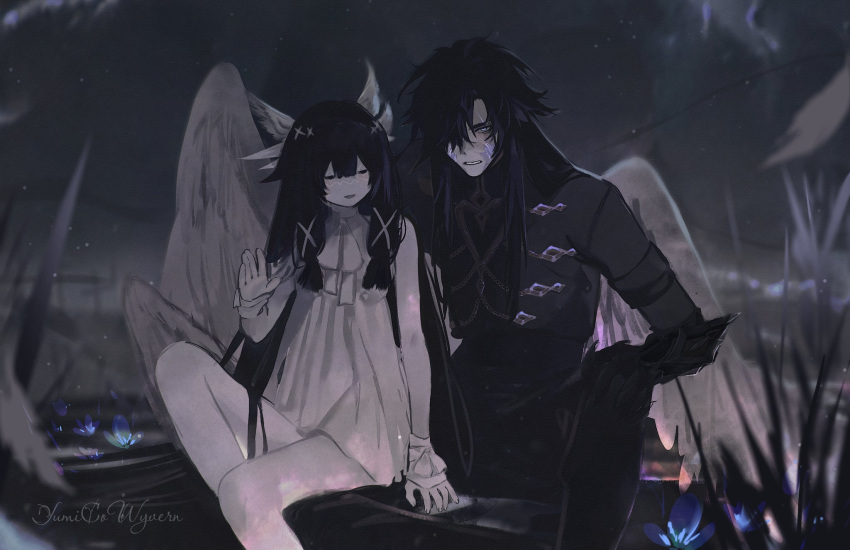 1boy, 1girl, angel_wings, artist_name, black_coat, black_hair, blurry, blurry_background