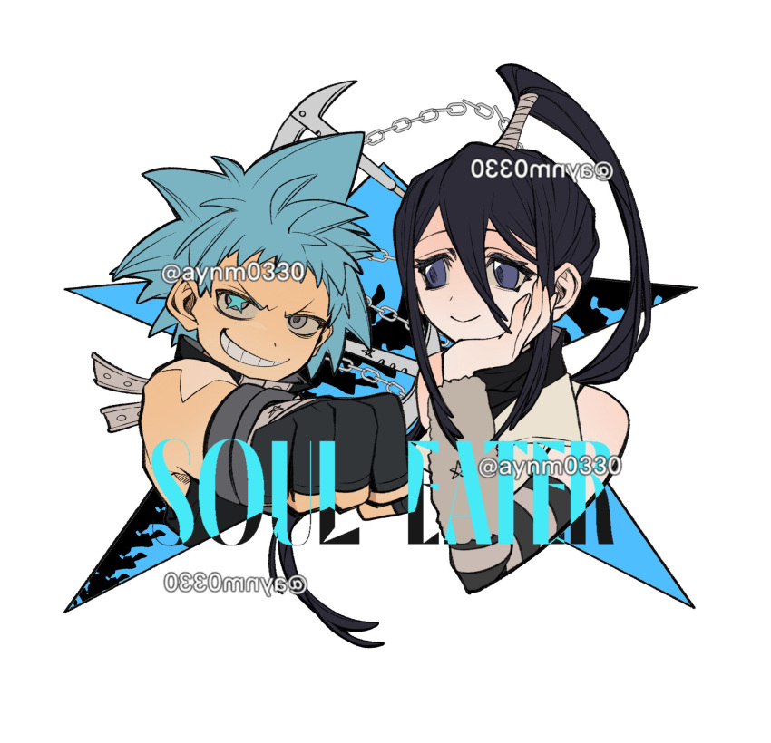 1boy, 1girl, artist_name, aynm010330, black_hair, black_star, blue_eyes, blue_hair