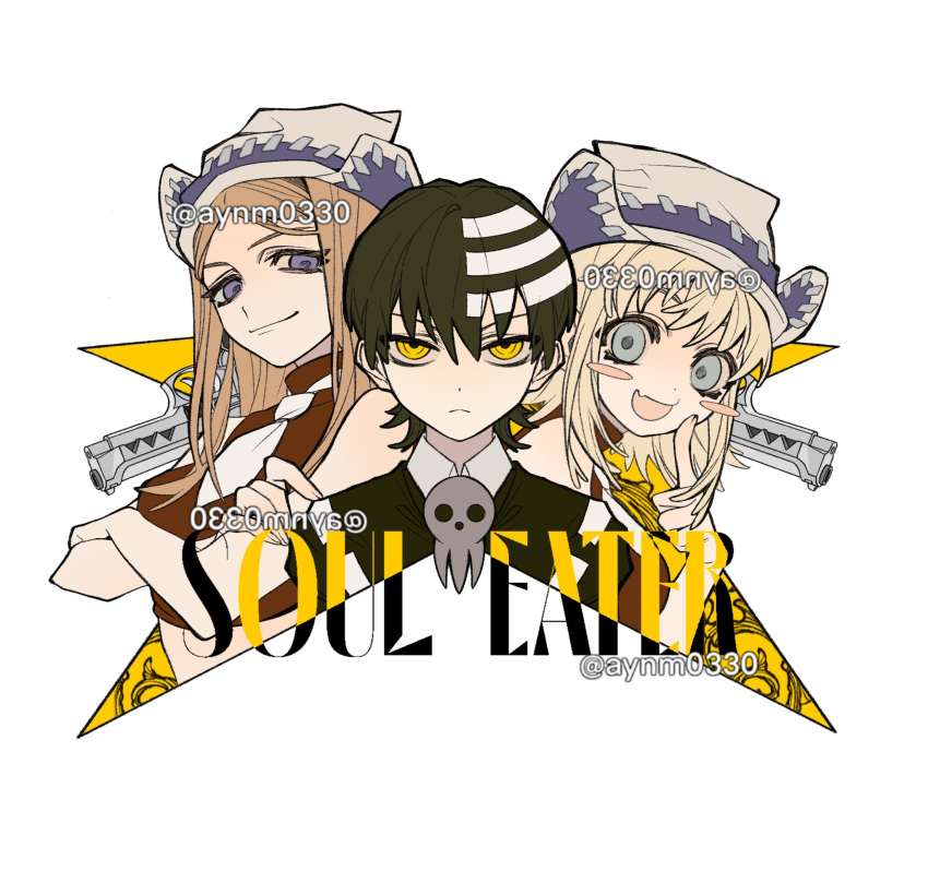 1boy, 2girls, :d, alternate_skin_color, aynm010330, black_hair, blue_eyes, blush_stickers