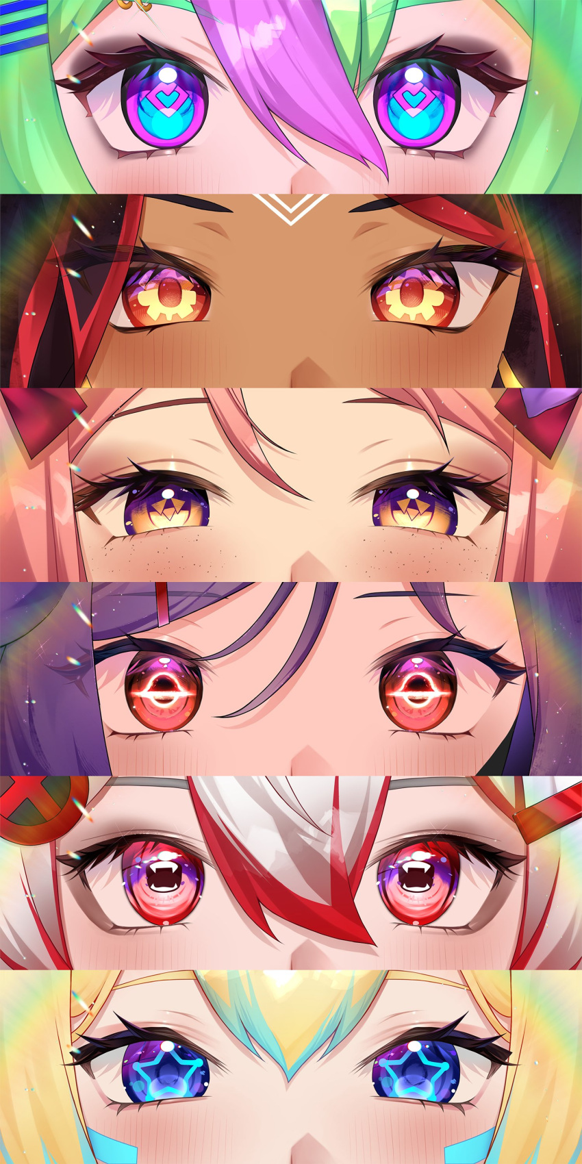 6+girls, absurdres, black_hair, black_hole-shaped_pupils, blonde_hair, blue_eyes, blue_hair, blush, character_request, close-up, dark-skinned_female, dark_skin, eyelashes, facial_mark, forehead_mark, green_hair, hair_between_eyes, hair_ornament, hairpin, heart, heart-shaped_pupils, highres, miukiotan, multicolored_eyes, multicolored_hair, multiple_girls, pink_hair, purple_hair, red_eyes, red_hair, second-party_source, star_(symbol), star_in_eye, streaked_hair, symbol-shaped_pupils, symbol_in_eye, teeth, two-tone_eyes, vallure, violet_eyes, virtual_youtuber, white_hair