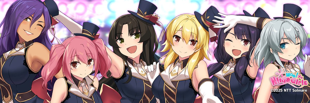 2025, 6+girls, :d, black_hair, blonde_hair, blue_eyes, breasts, closed_mouth